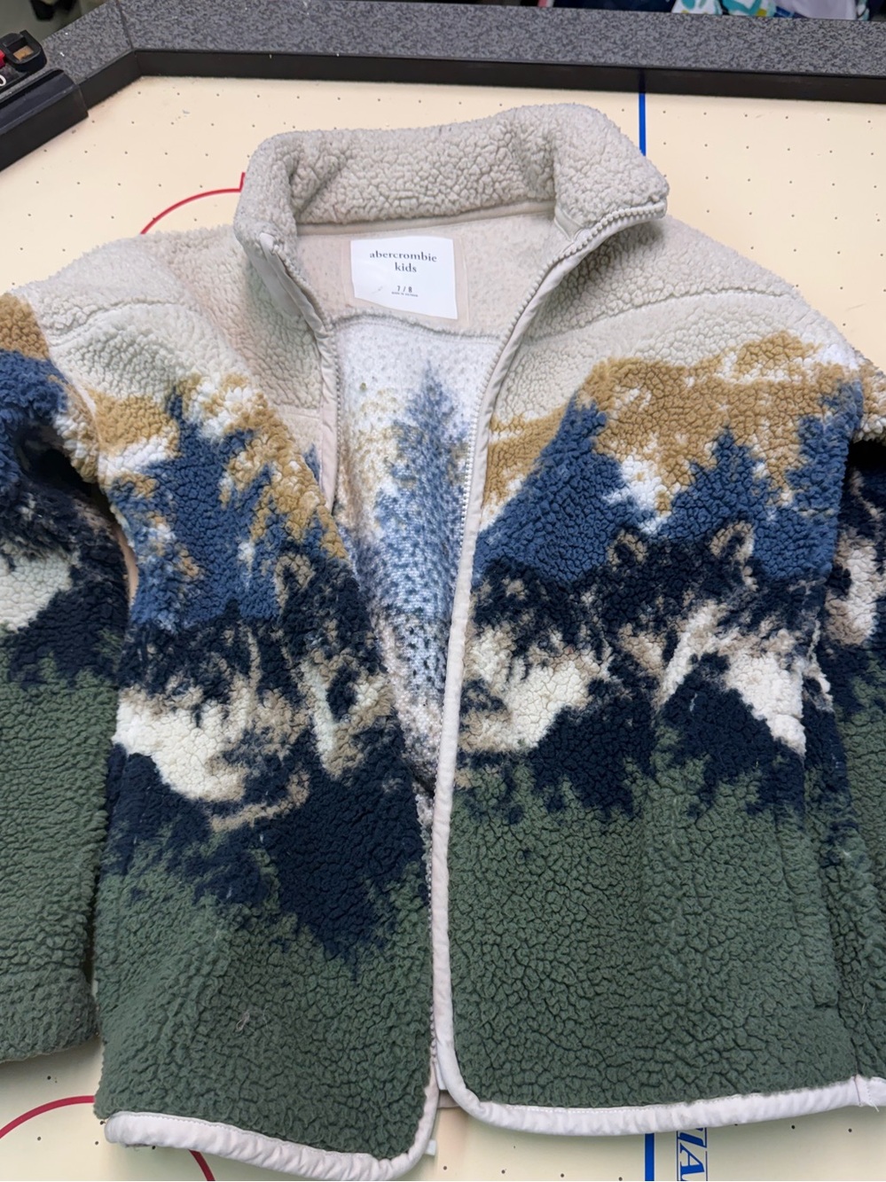 abercrombie kids Plush Sherpa Zip Jacket in Cream, Blue & Tan